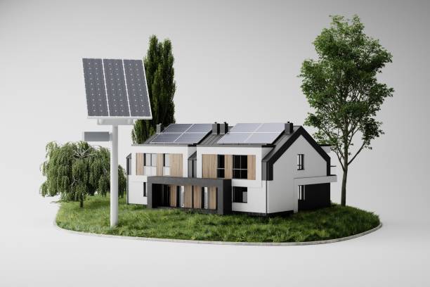 istock Solar panels, green energy for home, white background, 3d illustration. 1413005708