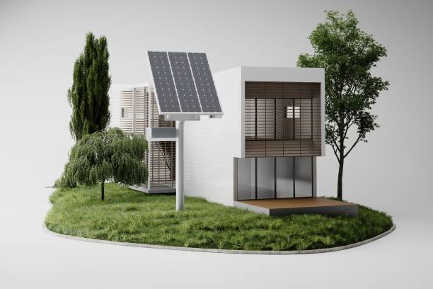 istock Solar panels, green energy for home, white background, 3d illustration. 1413005717