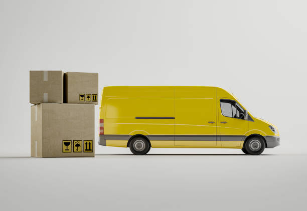 istock Yellow cargo minibus on a white background, the concept of cargo transportation, 3d rendering. 1413005732