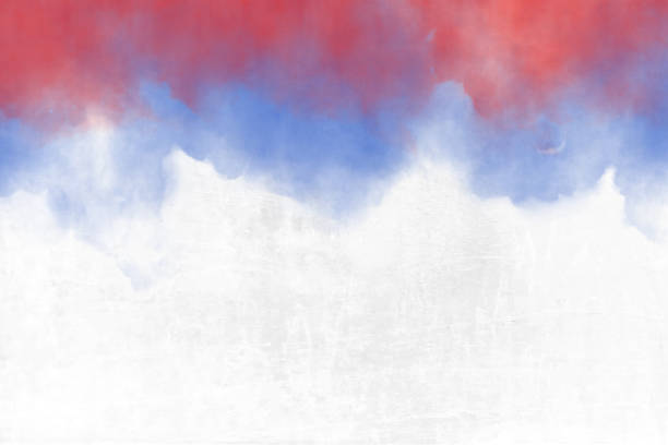 Horizontal creative abstract backgrounds of tricolor merged bands, in soft gradient of blue, white and red smudged water colors as in National Flag of France, faded blended and blotched A horizontal background of three horizontal colored bands in red, white and blue. A calm peaceful patriotic theme faded wallpaper. There is no people, no text and Copy space for text. These colors are in the flag of France country. Can be used for national festivals, events, national teams related backdrops of French celebrations like bastille day . watercolor painting striped abstract backgrounds stock illustrations