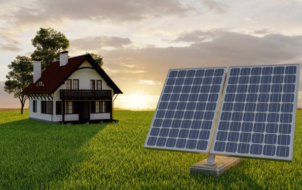 istock Solar panels, green energy for home, white background, 3d illustration. 1413005865