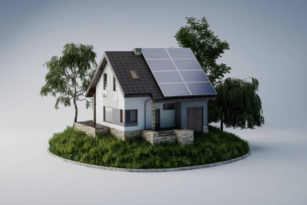 pannelli solari, energia verde per la casa, sfondo bianco, illustrazione 3d. - architettura ecologica foto e immagini stock