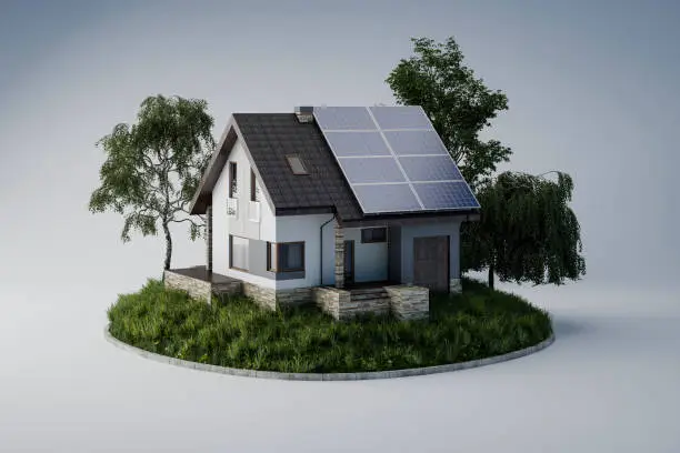 Solar panels, green energy for home, white background, 3d illustration.