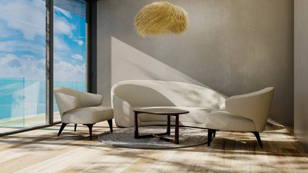 istock Cozy light living room interior background, 3d rendering. 1413006002