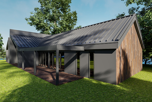 3D rendering of a modern house Barnhouse-style. Located in a picturesque area. Suitable for a modern elegant family.