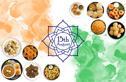 Indian food Banner over flag color Background.The concept for Indian happy Independence or Republic day food. copy space. Snacks include Medu vada, Paratha, Samosa, Jalebi, Pav Bhaji, Dosa, and Pakoda