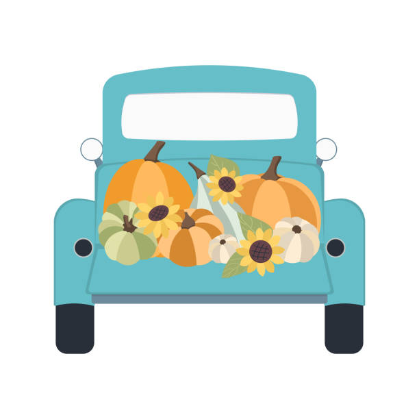 Autumn concept for Harvest festival or Thanksgiving Day. Blue car with pumkins, sunflowers and leaves. Background for posters, web, banners, flyers, postcards Autumn concept for Harvest festival or Thanksgiving Day. Blue car with pumkins, sunflowers and leaves. Background for posters, web, banners, flyers, postcards sunflower star stock illustrations