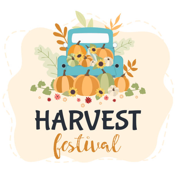 Autumn concept for Harvest festival or Thanksgiving Day. Blue car with pumkins, sunflowers and leaves. Background for posters, web, banners, flyers, postcards Autumn concept for Harvest festival or Thanksgiving Day. Blue car with pumkins, sunflowers and leaves. Background for posters, web, banners, flyers, postcards sunflower star stock illustrations