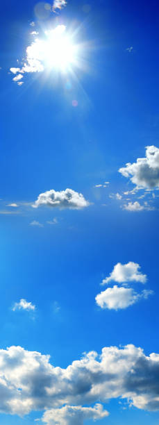 istock Sunny blue sky and white clouds with shinning sun for vertical panoramic background 1413010301