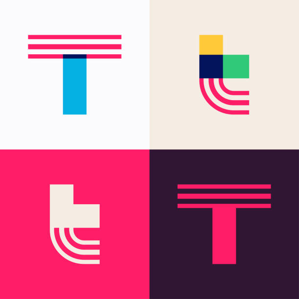 набор логотипов t букв, выполненный из перекрывающихся линий. - craft block concepts square shape stock illustrations