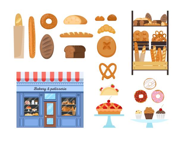 illustrazioni stock, clip art, cartoni animati e icone di tendenza di set con cibo da forno: pane e pasticceria e vetrina della panetteria. illustrazione vettoriale piatta isolata su sfondo bianco. - bagel bread isolated circle