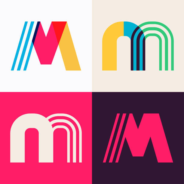 ilustraciones, imágenes clip art, dibujos animados e iconos de stock de conjunto de logotipos de letras m hecho de líneas superpuestas. - letter m illustrations