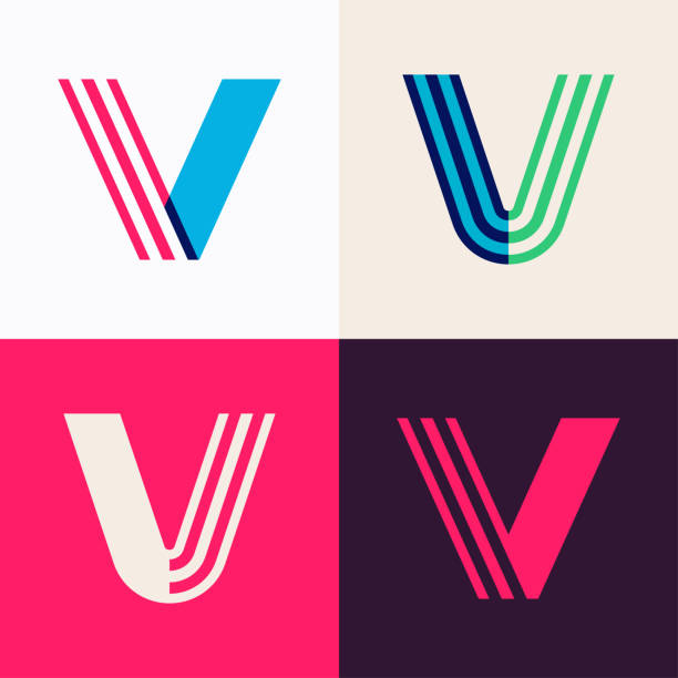 V letter logo set made of overlapping lines. Perfect for applique art, children design, vibrant advertising, mosaic packaging, pattern identity. letter v stock illustrations