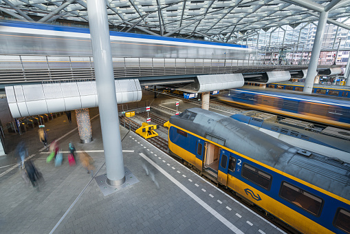 Lubeck, Germany - July 6, 2011: ICE TD class train waits at the Lubeck main train station en route between Berlin and Copenhagen. This train is a diesel variant of the ICE trains and completes part of its journey on board a ferry between Germany and Denmark. Other Deutsche Bahn Regio type trains can be seen at the station.