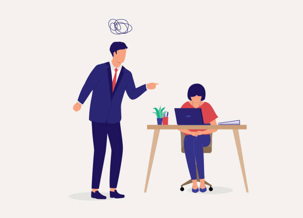 Angry Male Boss Scolding His Employee. Mean Boss. Angry Male Boss Scolding His Employee. Stressful Employee Sitting At Her Working Desk With Face Looking Down. Isolated On Color Background. Cruel stock illustrations
