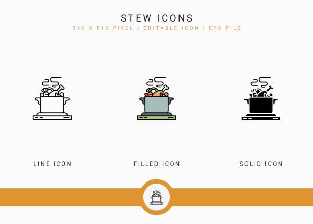 Stew icons set vector illustration with solid icon line style. Kitchen utensils concept. Stew icons set vector illustration with solid icon line style. Kitchen utensils concept. Editable stroke icon on isolated background for web design, user interface, and mobile application gravy stock illustrations