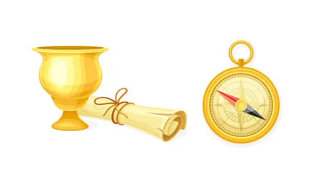 Vector illustration of Antique paper scroll, golden goblet and compass tool. Objects of archaeology vector illustration