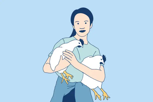 Vector illustration of Illustrations of Beautiful Young women holding two chickens at farm