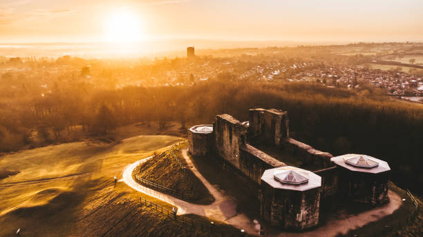 Aerial view of Stafford Castle at sunrise, Stafford, Staffordshire, England, United Kingdom, Europe stock photo