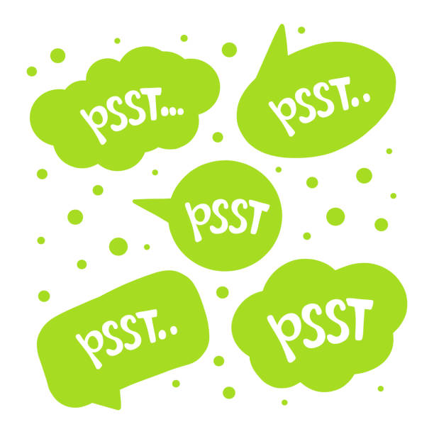 psst-anführungszeichen. klang, um die aufmerksamkeit einer anderen person zu erhalten. pssst, druckbares grafisches t-shirt. entwerfen sie kritzeltext für den druck. vektorillustration. - exclamation point speech speech bubble green stock-grafiken, -clipart, -cartoons und -symbole