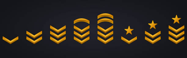 illustrations, cliparts, dessins animés et icônes de insigne militaire soldat sergent, général, major, officier, lieutenant, colonel patch emblème. chevron stripes badge symbole d’or. logo d’or du grade de l’armée. illustration vectorielle isolée - military rank badge marines