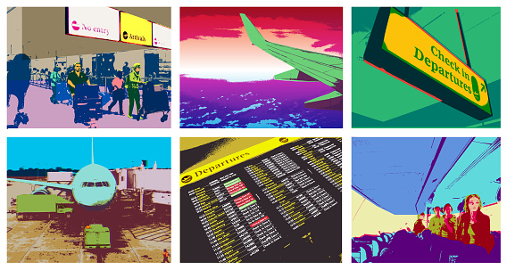Posterised or Pop Art styled of Airport Passengers. Airport, Holiday, Travel delays,