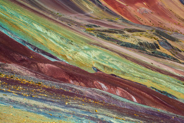 Hiking scene in Vinicunca, Cusco Region, Peru. Rainbow Mountain (Montana de Siete Colores).