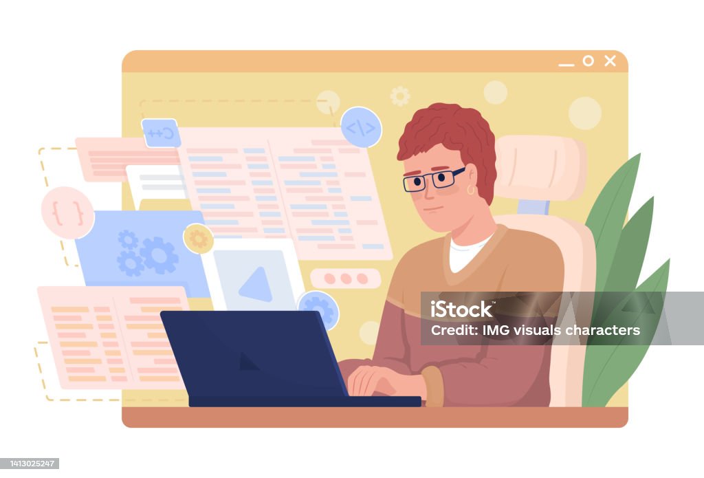 Software developer at work 2D vector isolated illustration Software developer at work 2D vector isolated illustration. Building software flat character on cartoon background. Colourful editable scene for mobile, website, presentation. Comfortaa font used Working At Home stock vector Software developer at work 2D vector isolated illustration Software developer at work 2D vector isolated illustration. Building software flat character on cartoon background. Colourful editable scene for mobile, website, presentation. Comfortaa font used Working At Home stock vector