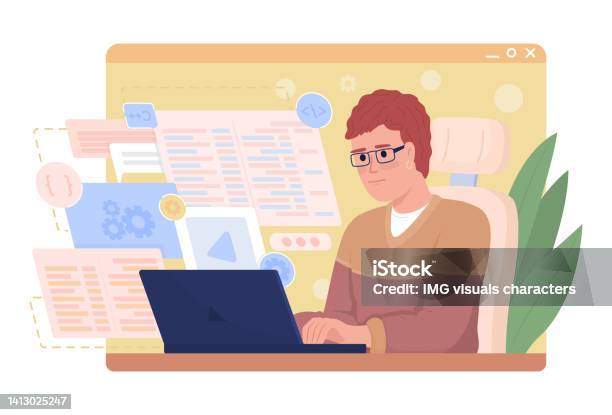 Software Developer At Work 2d Vector Isolated Illustration Stock ...