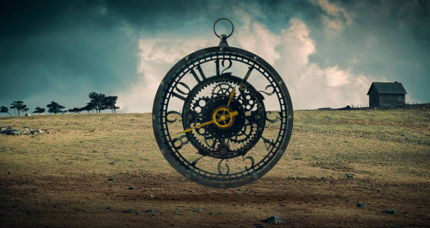 istock surreal steampunk style clock floating in an empty landscape ,concept of time and deadlines 1413025623