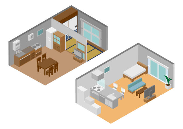 bildbanksillustrationer, clip art samt tecknat material och ikoner med images before and after isometric renovation - 3d skanning