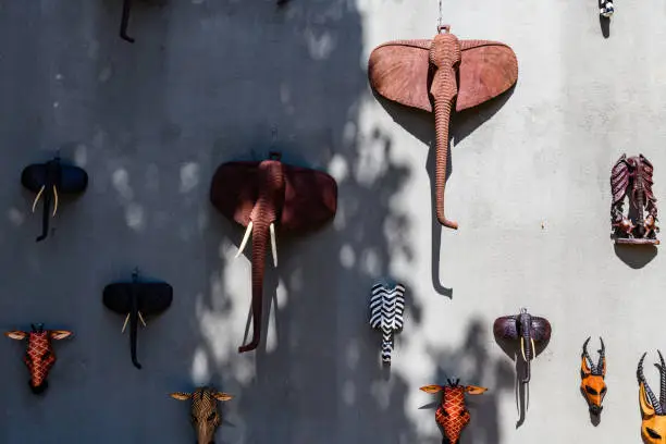 Photo of Wooden souvenir animal heads hanging on a wall