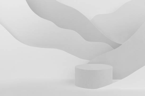 istock Abstract stage with circle podium mockup with mountain landscape in soft light white and grey color in simple minimal modern style. Template scene for advertising, presentation of cosmetic, goods. 1413030763