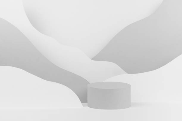 istock Abstract stage - round podium mockup, mountain landscape in soft light white and grey color in simple minimal modern style. Template scene for advertising, presentation of cosmetic, goods, showing. 1413031044