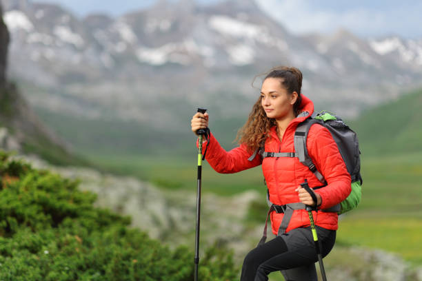 istock Hiker in red walking using poles in the mountain 1413031675