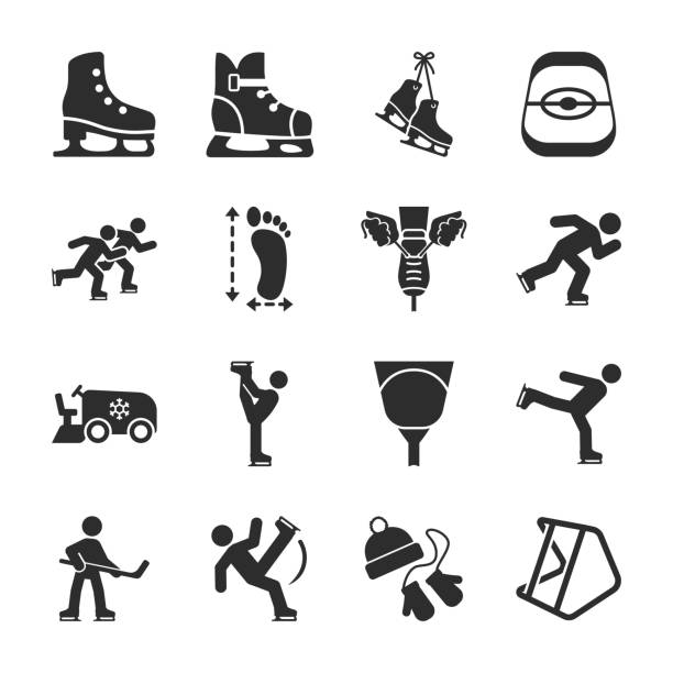 Ice skating icons set. Everything you need for skating, different skates, lacing, sharpening, equipment. Monochrome black and white icon. Ice skating icons set. Everything you need for skating, different skates, lacing, sharpening, equipment. Monochrome black and white icon. Vector illustration ice skating stock illustrations