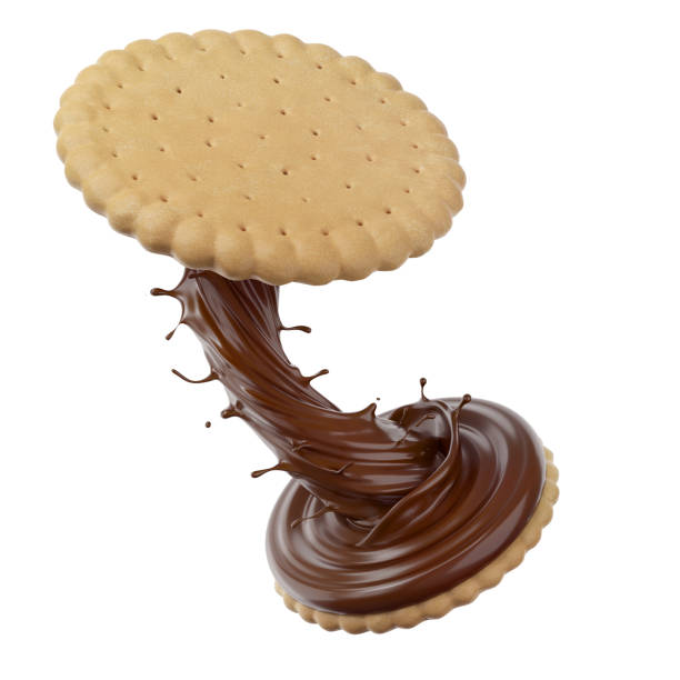 istock Sandwich cookies with chocolate splash, 3d illustration. 1413033963