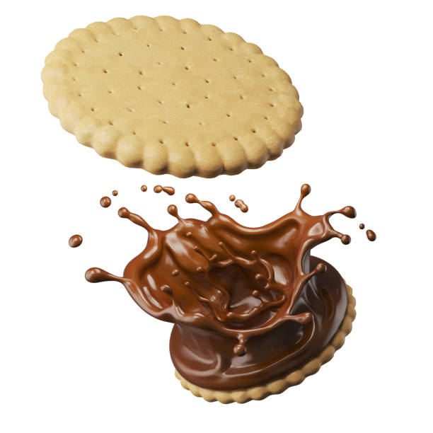 istock Sandwich cookies with chocolate splash, 3d illustration. 1413034009