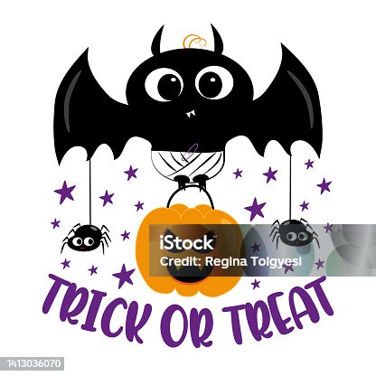 istock Trick or treat - cute baby bat with pumpkin and spiders. 1413036070