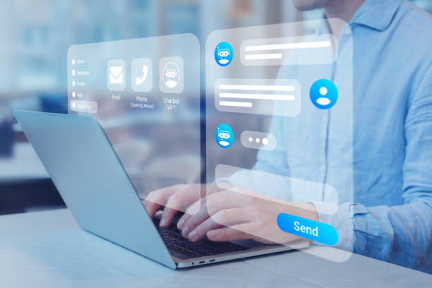 Chatbot conversation. Person using online customer service with chat bot to get support. Artificial intelligence and CRM software automation technology. Virtual assistant on internet. stock photo