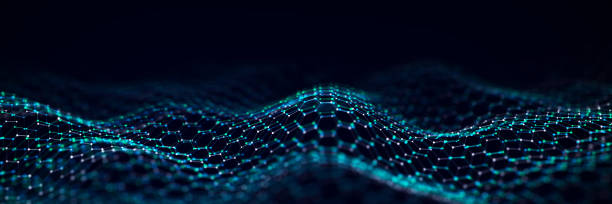 istock Futuristic hexagon wave. Dark cyberspace. Abstract wave with dots and line. White moving particles on background. 3d rendering. 1413037173