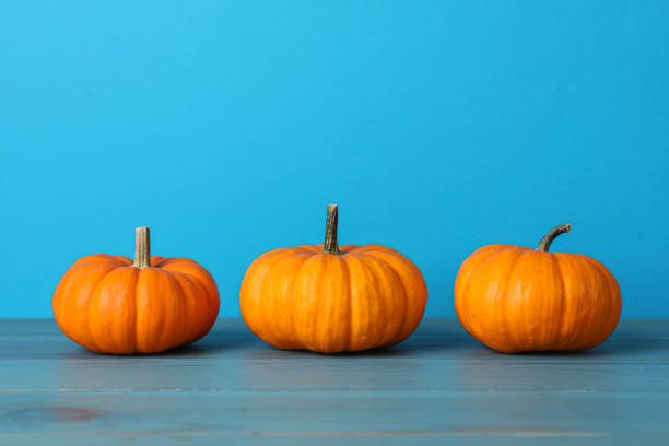 istock Fresh ripe pumpkins on turquoise wooden table, space for text 1413037470