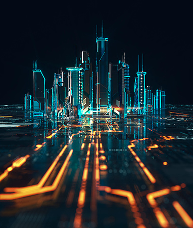 Futuristic Cyber City in digital environment