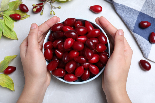 Fresh sweet cherries with water drops in a bowl on a wooden background
