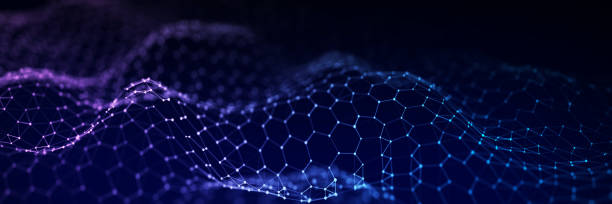 istock Futuristic hexagon wave. Dark cyberspace. Abstract wave with dots and line. White moving particles on background. 3d rendering. 1413039987