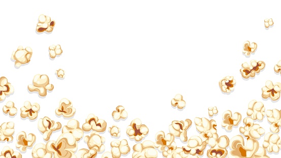 Falling popcorn background. Cartoon movie banner with fun cinema snacks of various shapes, framing cover with flying popping corn. Vector illustration of popcorn border frame