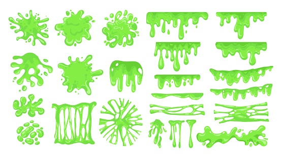 Cartoon slime. Green sticky drips and toxic jelly splatter, messy colored dripping goo, spooky blob. Vector isolated set of splashes and slimes. Illustration of toxic mucus and sticky isolated