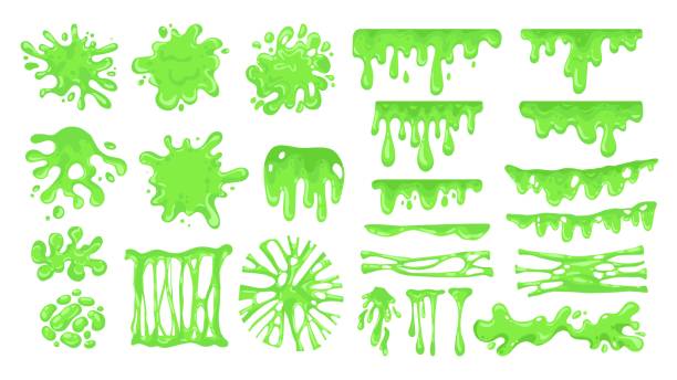 Cartoon slime. Green sticky drips and toxic jelly splatter, messy colored dripping goo, colorful spooky blob. Vector isolated set of splashes and slimes Cartoon slime. Green sticky drips and toxic jelly splatter, messy colored dripping goo, spooky blob. Vector isolated set of splashes and slimes. Illustration of toxic mucus and sticky isolated cartoon of glue stick stock illustrations
