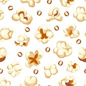 istock Popcorn pattern. Seamless print of fun snack or TV series and cinema watching, popping corn of various shapes decoration. Vector texture 1413040043