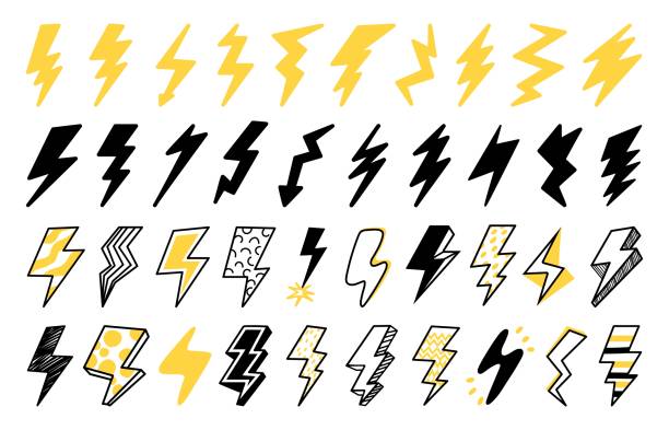 Lightning icon. Flash strike, electric power and electricity logo, nature thunderbolt yellow shape. Vector isolated clipart symbol of thunder light Lightning icon. Flash strike, electric power and electricity logo, nature thunderbolt yellow shape. Vector isolated clipart symbol of thunder light. Illustration of thunder strike electricity military attack stock illustrations